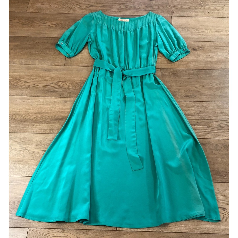 Vtg 80s Silk Green‎ Dress Teacher Secretary Dallas Dynasty Pleated Cocktail READ
